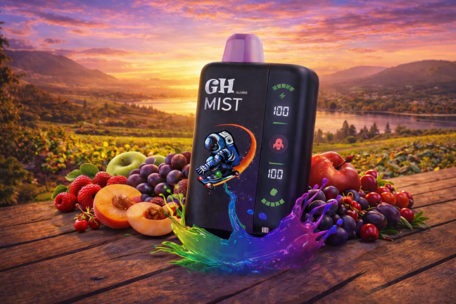 GH Mist Space Vape with colorful display surrounded by fruits against a scenic background. Exclusive blend of Canadian local farming products.